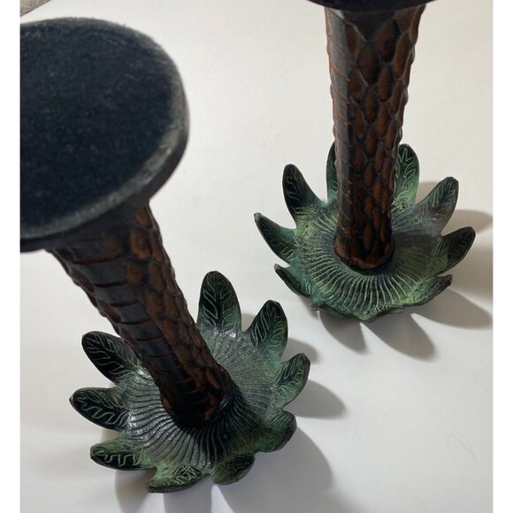 Vintage Metal Green & Brown Palm Tree Candleholders - Picture 8 of 8